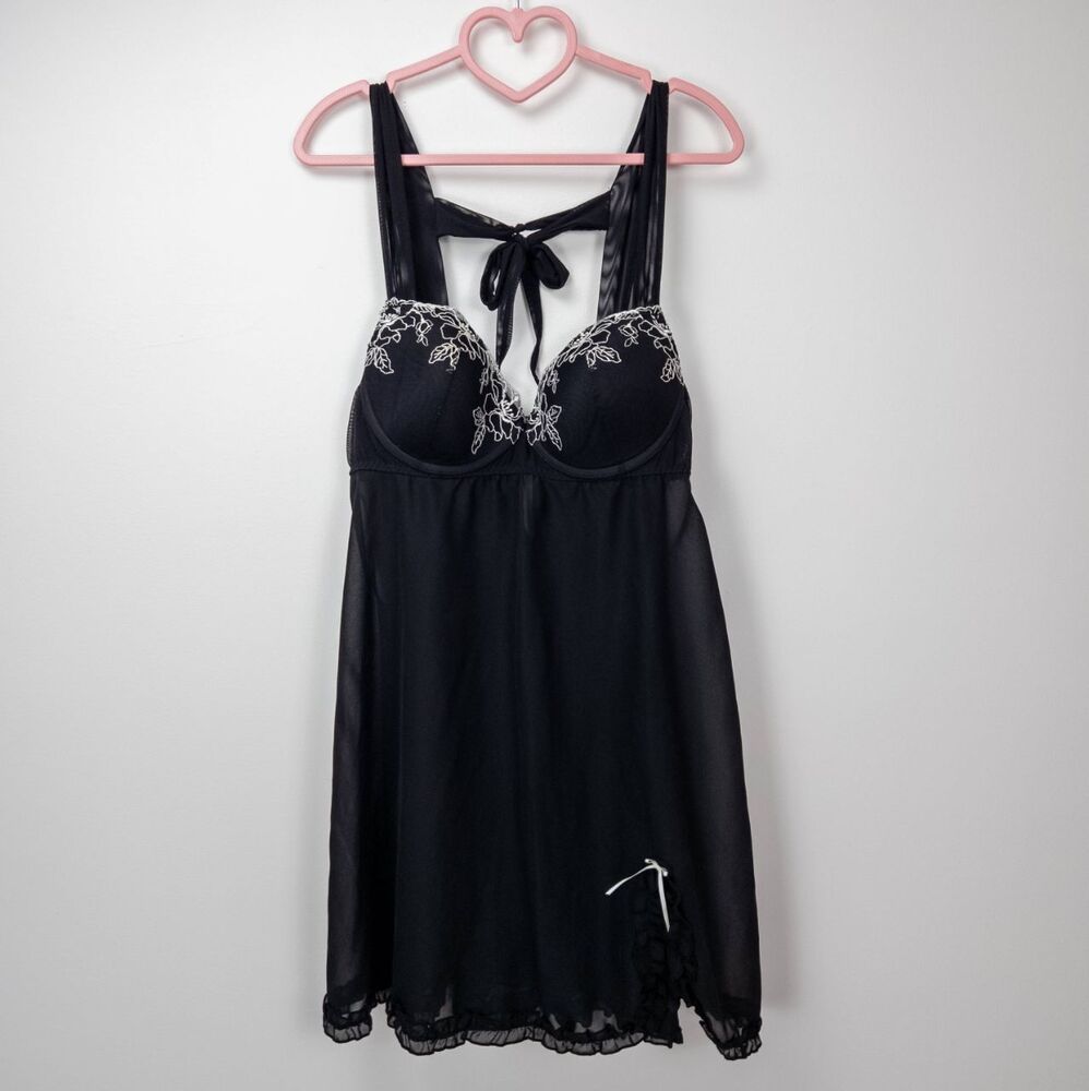 Inner Secrets Lingerie Large Black Babydoll Sheer Embroidery‎ Goth Grunge Alt